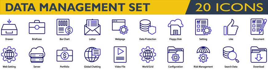 Accounting icon set. Containing Drawer,Briefcase,Bar Chart,Letter,Webpage,Data Protection,Setting,Like,Document,Web Setting,Portfolio,Risk Management. line color style
