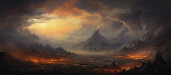 Zelfklevend Fotobehang A painting depicting a fierce storm brewing in the sky above a mountainous backdrop, with dark clouds swirling ominously over a vast expanse of lava terrain. © TheWaterMeloonProjec