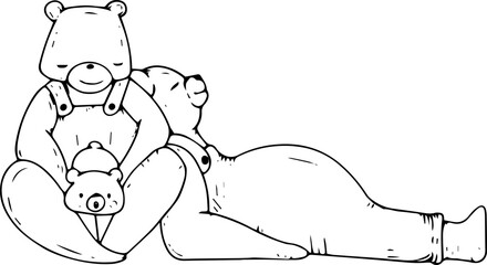 Hand drawn bear family cartoon illustration on transparent background.