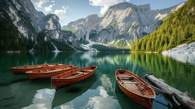Boats on the Braies Lake ( Pragser Wildsee ) in Dolomites mountains, Sudtirol, Italy. copy space for text.