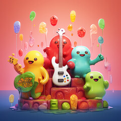 Gummy musicians in a rock band playing licorice guitars and drum sets made of candy bowls