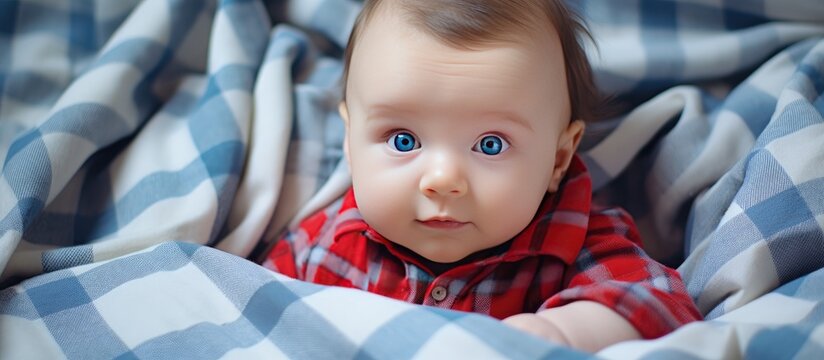 A small baby with bright blue eyes is laying comfortably on a soft plaid blanket, looking up with curiosity. The babys chubby cheeks and tiny hands add to the innocence of the scene.