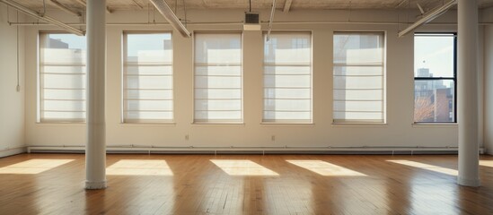 An empty room with wooden floors and multiple windows overlooking neighboring buildings. The room features aluminum radiators under the windows.