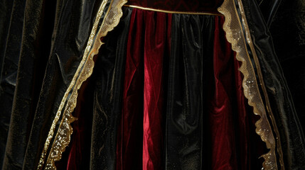 A luxurious velvety cape adorned with shiny gold trim fit for a wicked witch or vampire queen. - obrazy, fototapety, plakaty