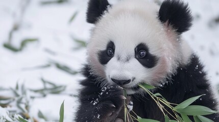 Adorable baby panda munching on bamboo against a pristine white backdrop, its black and white fur...