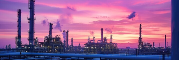 Majestic Sunset Over Industrial Refinery Complex - obrazy, fototapety, plakaty