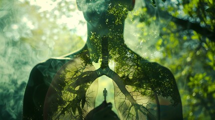 the human lung in a silhouette double exposure. in the background is green forest and tree. importance of clean, fresh air and health. generative AI - obrazy, fototapety, plakaty