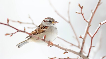 Beautiful white-crowned sparrow perched serenely on a branch against a pristine white backdrop.
