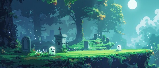 Ghoulish golf cute specters playing on a course with tombstone obstacles and foggy greens
