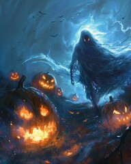 Mischievous ghost chasing giggling pumpkins on a crisp Halloween night - obrazy, fototapety, plakaty