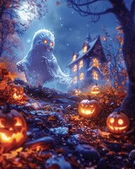 Mischievous ghost chasing giggling pumpkins on a crisp Halloween night - obrazy, fototapety, plakaty