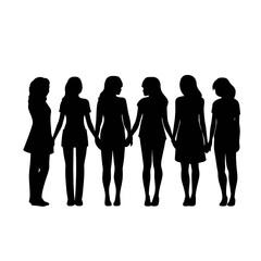 Vector silhouettes of  a women, a group of standing and walking business people, black color isolated on white background