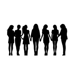 Vector silhouettes of  a women, a group of standing and walking business people, black color isolated on white background