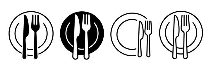 Set menu catering, restaurant, spoon, fork, knife and plate icon set in line. Tableware Vector illustration