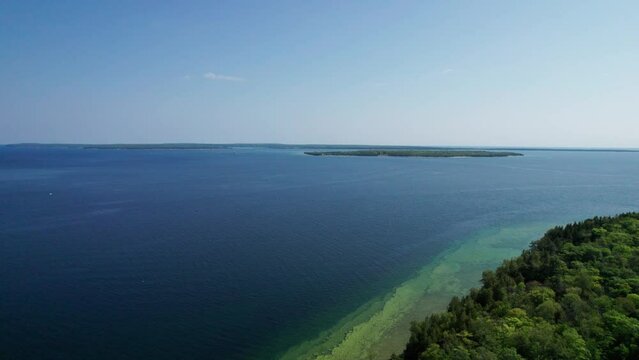 Drone shot aerial view of door county, plum island, and Washington island