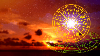 Concept of astrology and horoscope, person inside a zodiac sign wheel, Astrological zodiac signs inside of horoscope circle, Astrology, knowledge of stars in the sky, power of the universe concept. © rawintanpin