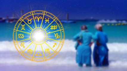 Concept of astrology and horoscope, person inside a zodiac sign wheel, Astrological zodiac signs...