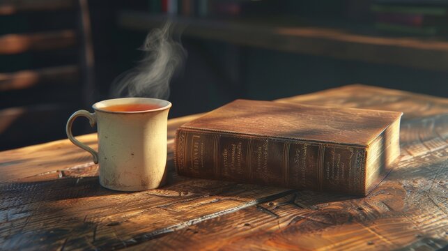 On a sy wooden table a cup of steaming tea sits next to a worn leatherbound book inviting readers to relax and lose themselves in the pages of knowledge.