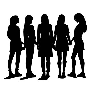 Vector silhouettes of  a women, a group of standing and walking business people, black color isolated on white background