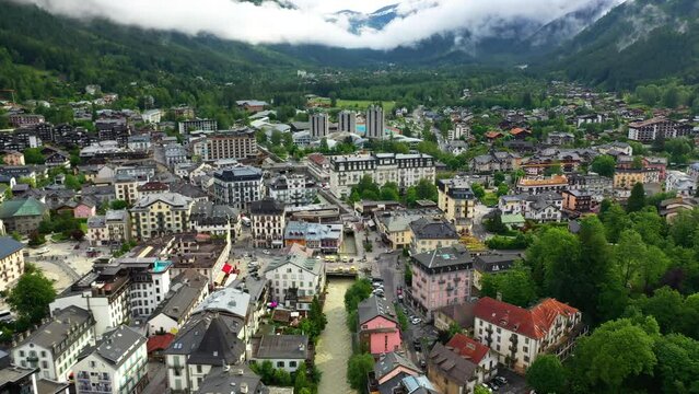 Aerial view overlooking the cityscape of Chamonix, cloudy, summer day in France
