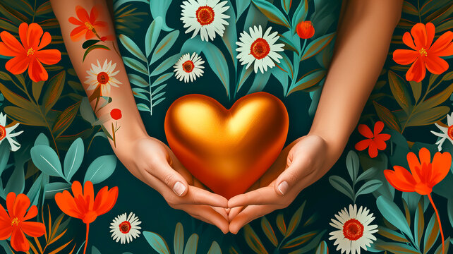 Hands Of Child, Kid holding Golden Heart among Bloom, Meadow Flowers. World International Children Day. Happy Childhood. View From Above Wallpaper. Horizontal. Booling Problem. AI Generated.