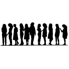 Vector silhouettes of  a women, a group of standing and walking business people, black color isolated on white background