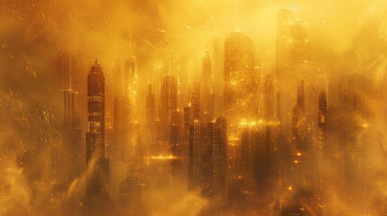 Abstract Golden Cityscape in Ethereal Mist