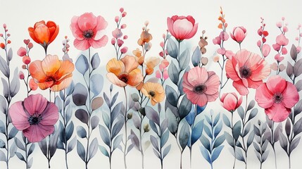 Leaves, flowers, plants, botany, beautiful, watercolor, white background.