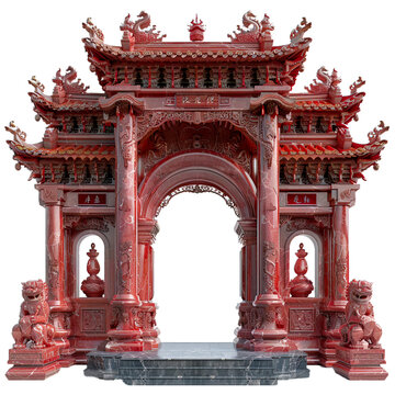 temple gate isolated on transparent background, element remove background, element for design - A red archway with intricate carvings and two foo dogs.
