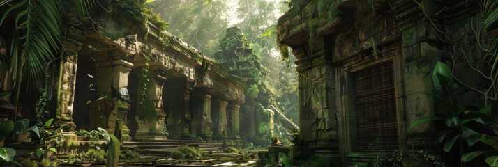 Fototapeta na wymiar Ancient Library Hidden in the Jungle Background - Ancient library hidden within the depths of a lush jungle, its stone structures covered in moss and ivy created with Generative AI Technology