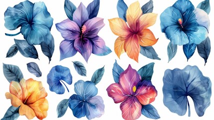 Leaves, flowers, plants, botany, beautiful, watercolor, white background.