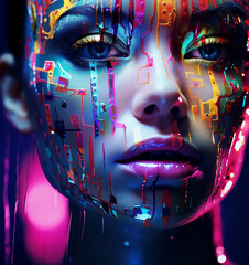 adult beautiful face fashion female art abstract background red black blue colourful fantasy creative dark disco fluorescent girl glow glowing green light constructed make-up model neon paint 
