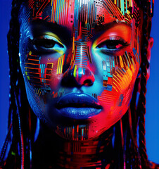 adult beautiful face fashion female art abstract background red black blue colourful fantasy creative dark disco fluorescent girl glow glowing green light constructed make-up model neon paint
- 755337518