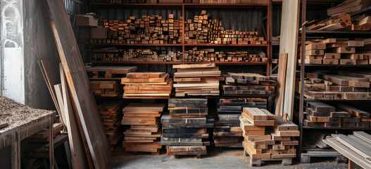 Wood working room, wood storage shelves, bins. Wood working, woods storage. 