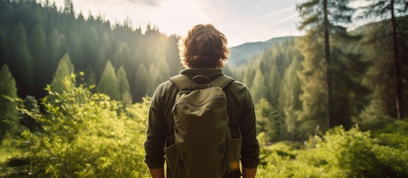 A young man with a backpack is seen walking through a dense forest. The traveler appears happy and engaged in his surroundings, embodying a sense of wellness and holistic rest.