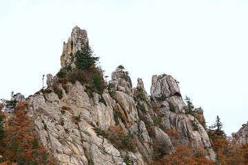 가을 산속의 바위와 나무들