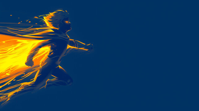 International Boys Day. Flying Boy, Child in Yellow Cloak, Golden Cape as Super Hero on Blue Background. World International Children Day. Mockup or Wallpaper. Copy Space Horizontal. AI Generated.