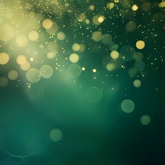 Ethereal abstract blur bokeh banner background with golden lights on emerald green, exuding luxury and elegance.