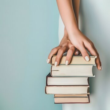 Close-up of a woman's hands holding a pile of books on a light blue background, symbolizing education, relaxation, and the pleasure of reading.