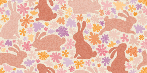Easter background with rabbits and flowers. Chinese new year seamless pattern with bunnies. Easter floral background with rabbit silhouettes in y2k style with watercolor texture, vector illustration