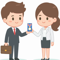 flat design illustration of giving a souvenir of appreciation to a coworker