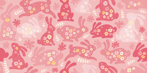 Easter background with rabbits and pink flowers. Chinese new year bunny seamless pattern. Easter floral background with red rabbit silhouettes in y2k style with watercolor texture, vector illustration