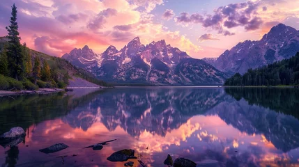 Cercles muraux Réflexion A serene lake reflecting the colors of a beautiful sunset, surrounded by towering mountains