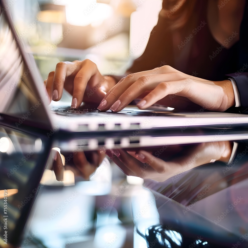 Wall mural close-up of a businesswoman's hands typing on a laptop keyboard with a digital tablet reflection, sh