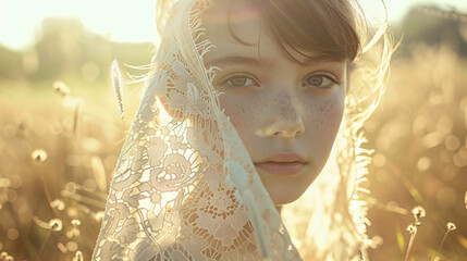 A young girl in a sunlit field, holding a delicate, ancient lace fabric, with the intricate patterns casting shadows on her face - obrazy, fototapety, plakaty