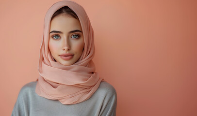 Portrait of Beautiful Model Arab Woman with beautiful hydrated skin and natural facial makeup, skincare concept for product, spa, cosmetology, plastic surgery ad