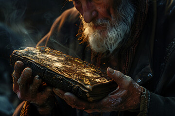Elderly man clutching a mysterious, ancient artifact, with complex lighting highlighting the textures, conveying a profound narrative