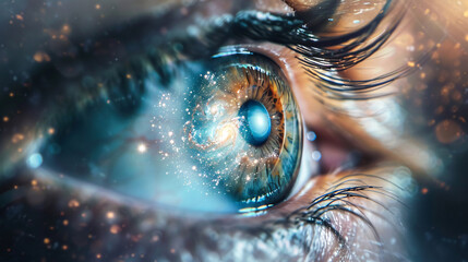 Ethereal illustration of a human eye, with the iris revealing a galaxy, reflecting the concept of universal vision and inner insight