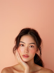 Portrait of Beautiful Asian Model Woman with beautiful hydrated skin and natural facial makeup, skincare concept for product, spa, cosmetology, plastic surgery ad