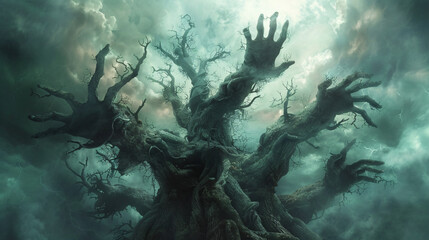 Ethereal depiction of an ancient tree whose branches morph into hands, reaching towards the sky in a plea for environmental preservation